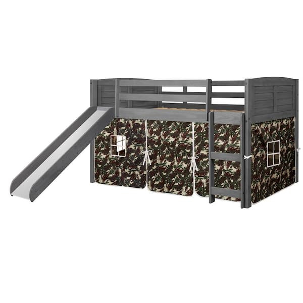 Donco Kids Antique Grey Twin Louver Low Loft Bed With Slide And Camo ... with regard to Why a Low Loft Bed with a Slide is the Ultimate Kids' Room Upgrade