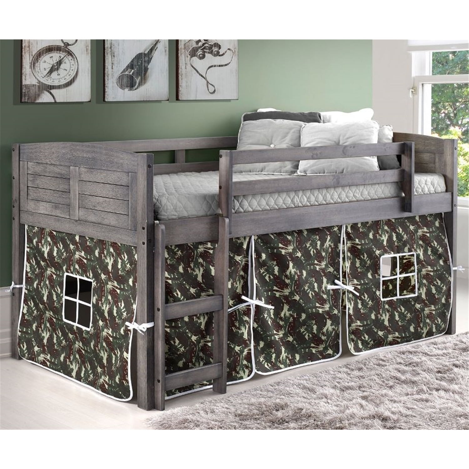 Donco Kids Louver Twin Antique Grey Low Loft Bed With Camo Print Tent ... within Why a Low Loft Bed with a Slide is the Ultimate Kids' Room Upgrade