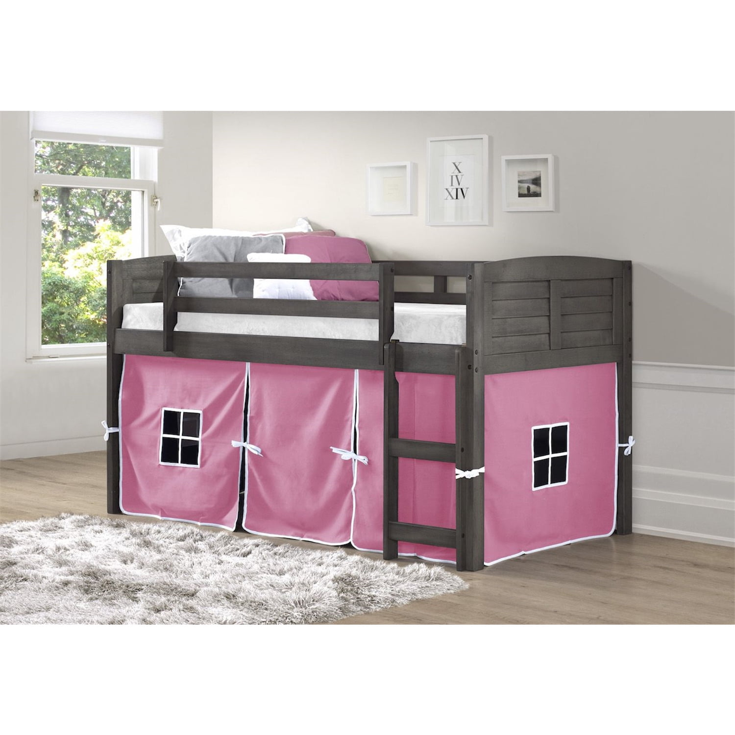 Donco Kids Louver Twin Antique Grey Low Loft Bed With Pink Tent, Twin ... in The Enduring Appeal of Louver Low Loft Antique Grey Furniture