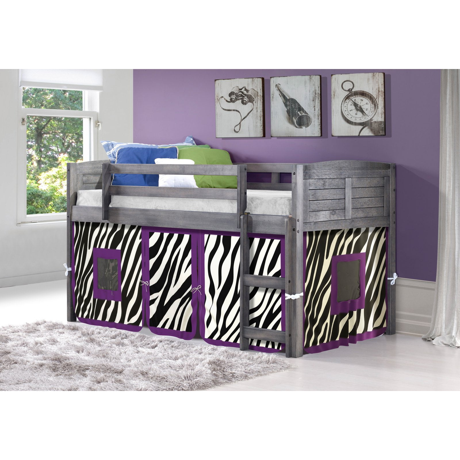 Donco Kids Louver Twin Antique Grey Low Loft Bed With Zebra Print Tent ... with regard to Why a Low Loft Bed with a Slide is the Ultimate Kids' Room Upgrade