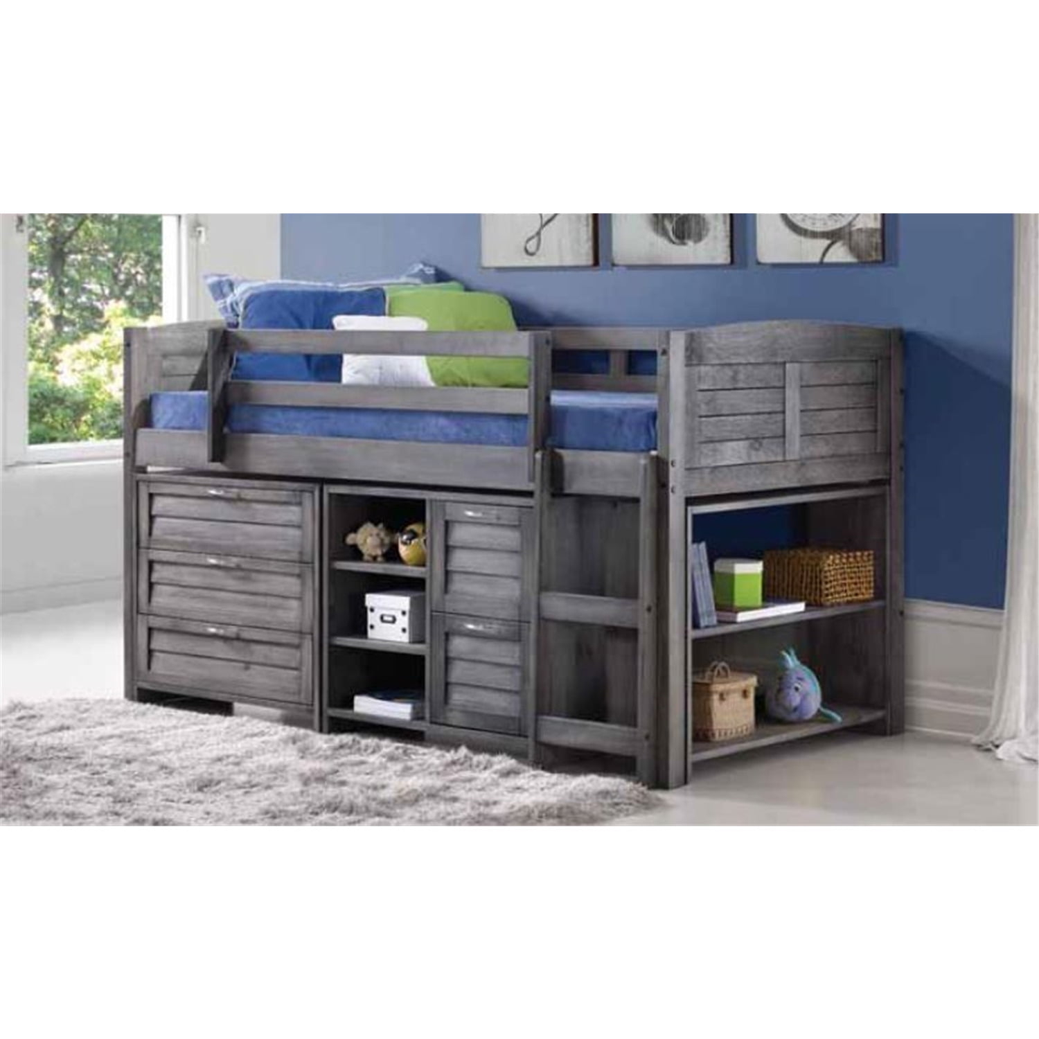 Donco Kids Louver Twin Antique Grey Modular Low Loft Bed ... regarding Why a Low Loft Bed with a Slide is the Ultimate Kids' Room Upgrade