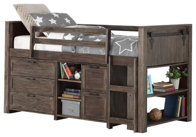 Donco Kids Twin Solid Wood Barn Door Low Loft Bed In Brushed Shadow ... pertaining to Achieving a Unique Aesthetic with Barn Door Low Loft Brushed Shadow
