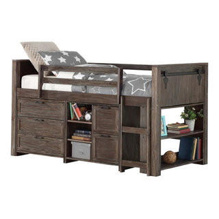 Donco Kids Twin Solid Wood Barn Door Low Loft Bed In Brushed Shadow ... throughout Barn Door Low Loft Brushed Shadow