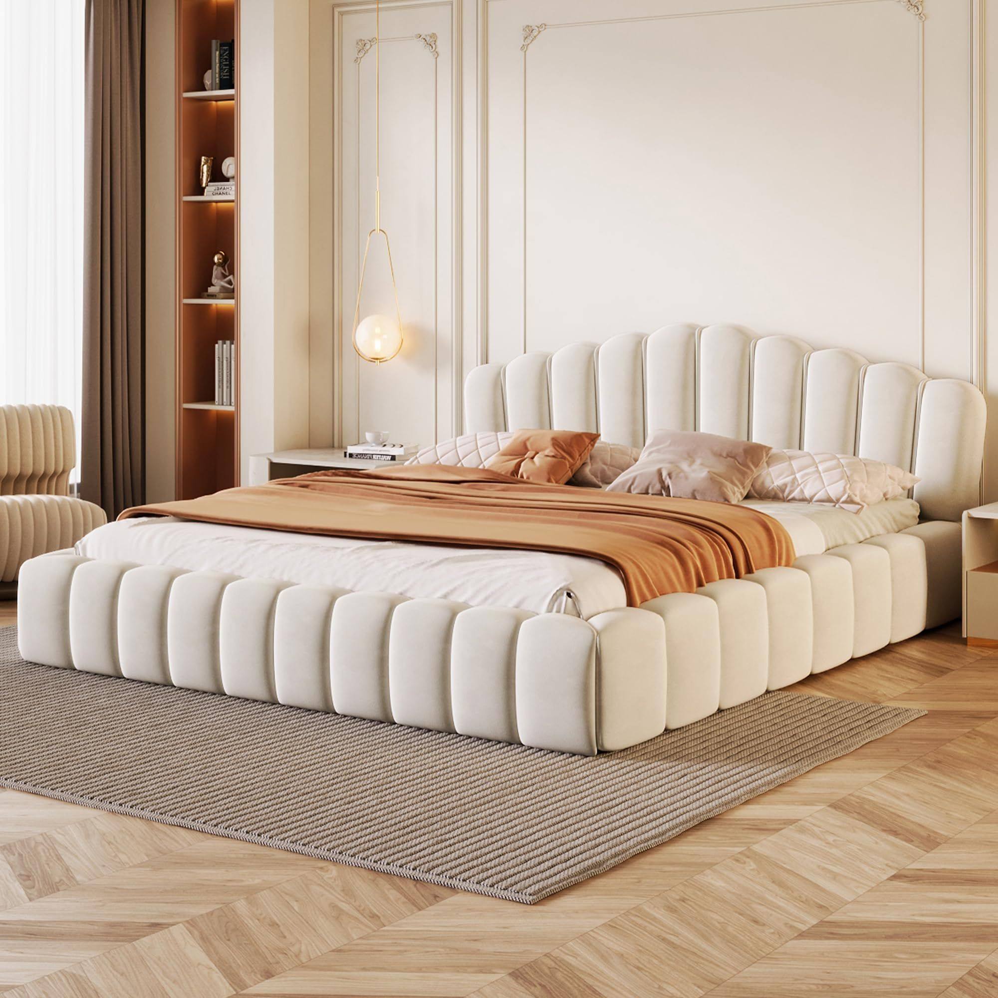 Elegant Queen Size Upholstered Platform Bed Grounded Bed With Shell ... within Gewnee Queen Size Upholstered Platform Bed