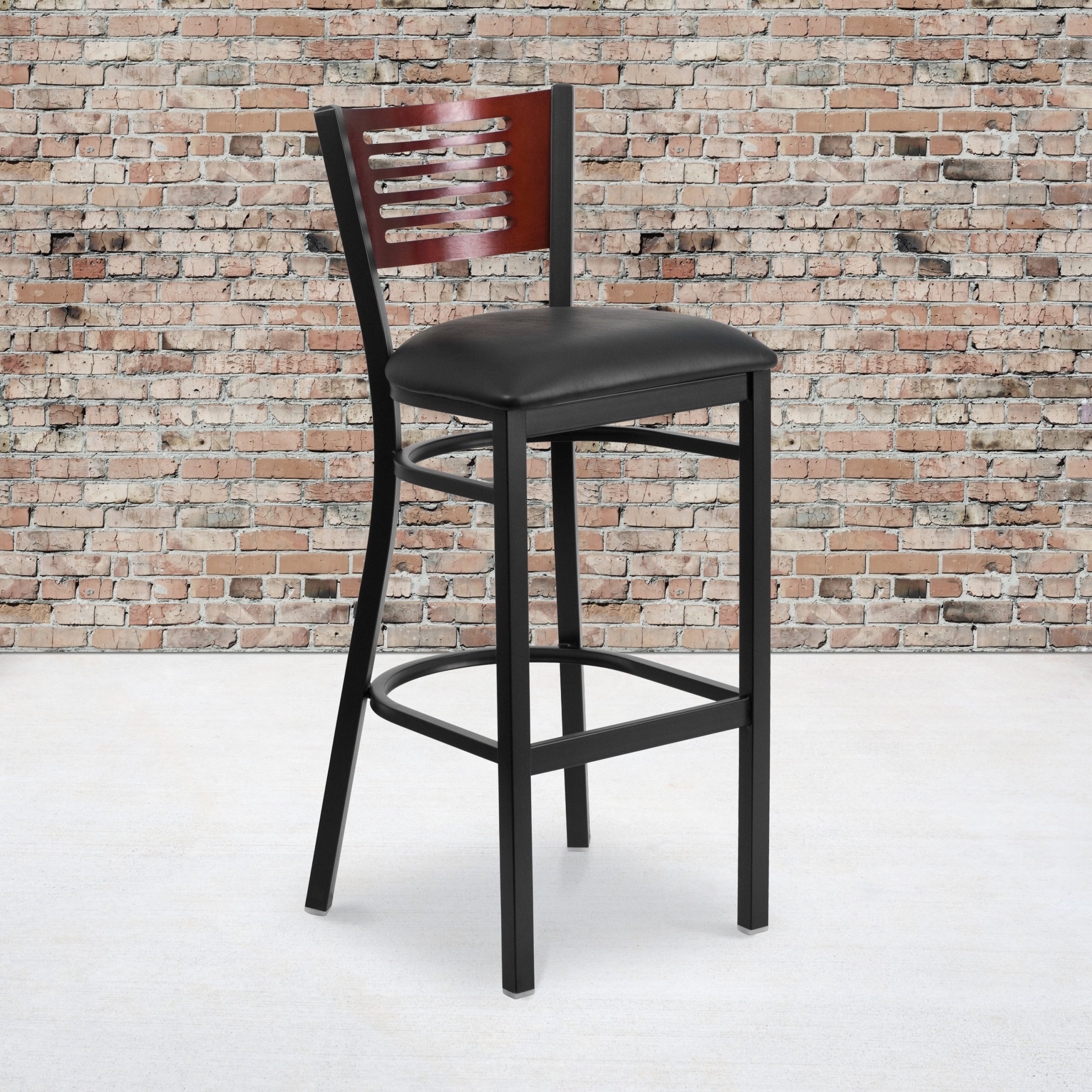 Emma + Oliver Slat Back Metal Dining Barstool, Mahogany Back, Black ... within Black Slat Back Metal Restaurant Barstool - Mahogany Wood Back & Seat