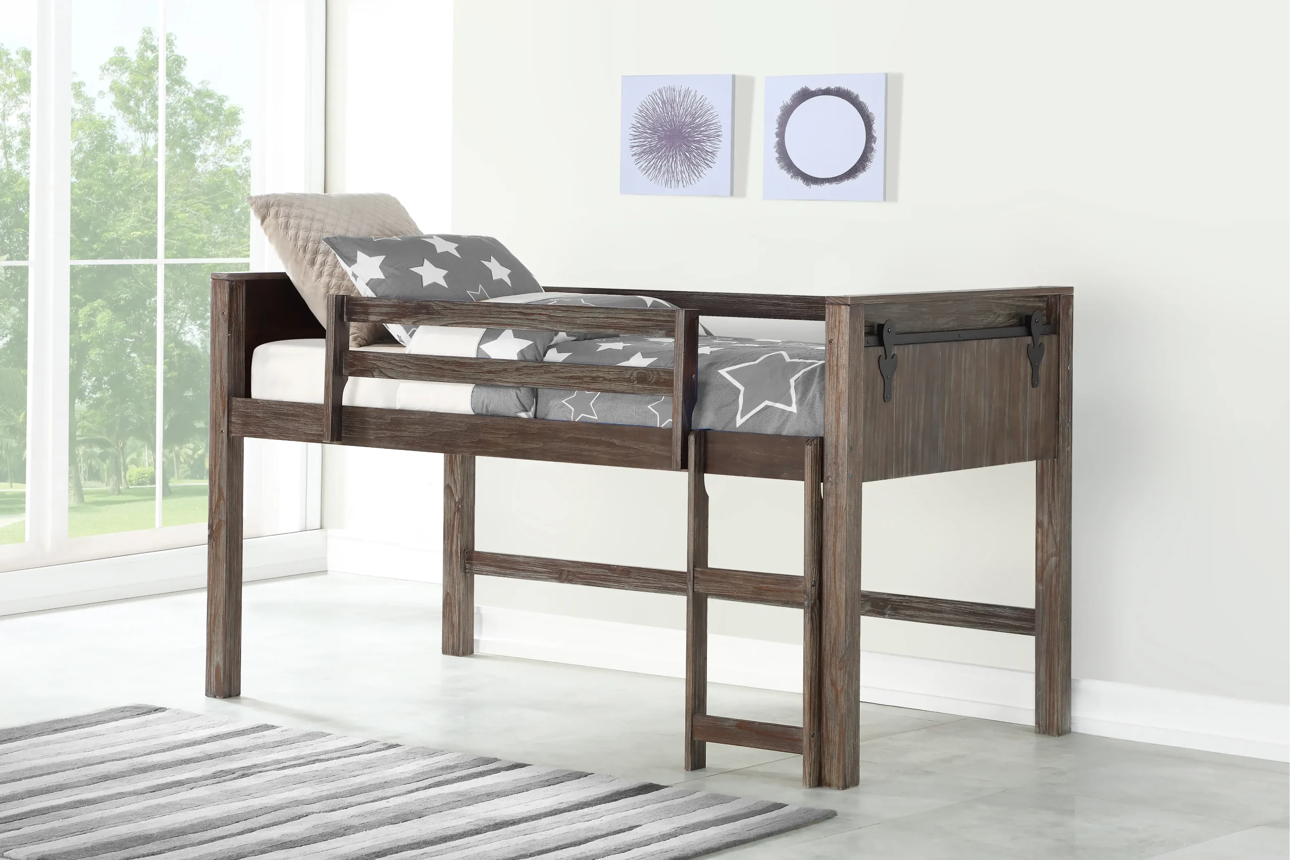 Farmhouse Brushed Brown Twin Low Loft Bed - Barn Door with regard to Barn Door Low Loft Brushed Shadow