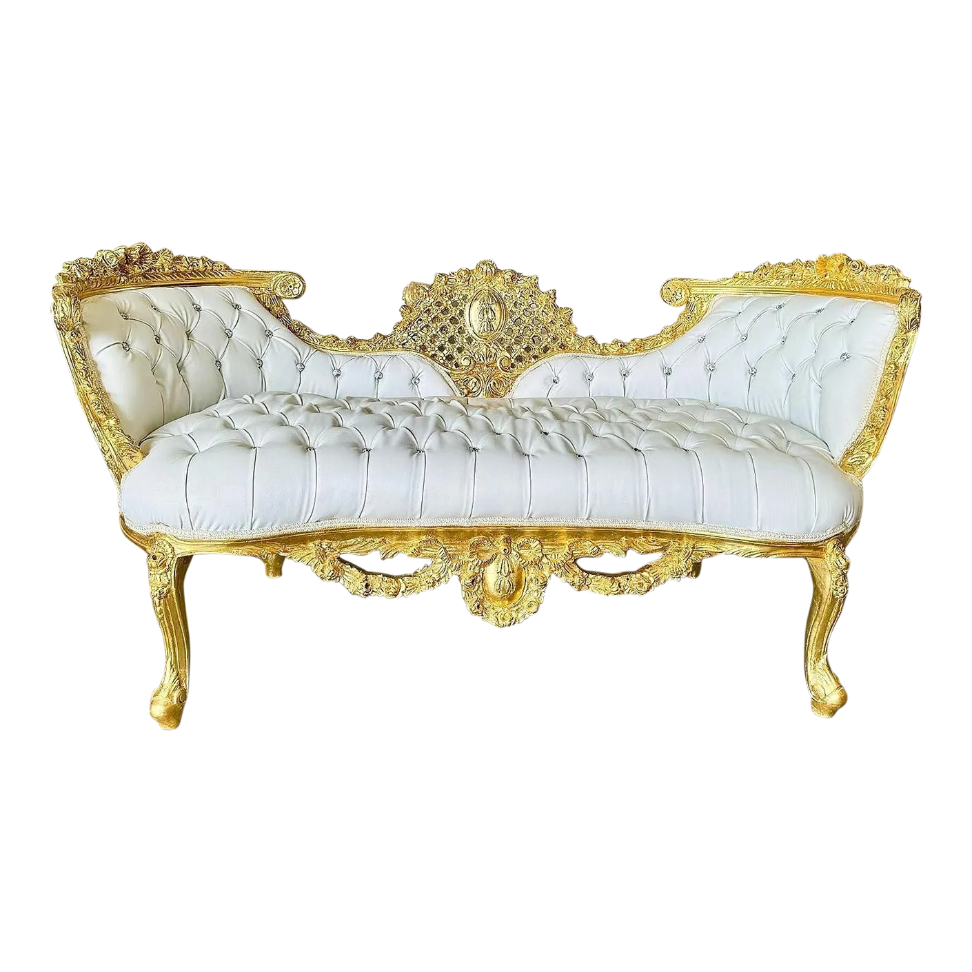 French Style Tufted White Settee With Gold Details | Chairish pertaining to Understanding the Artistry Behind Parisian Style Tufted Sofas with Gold Accents