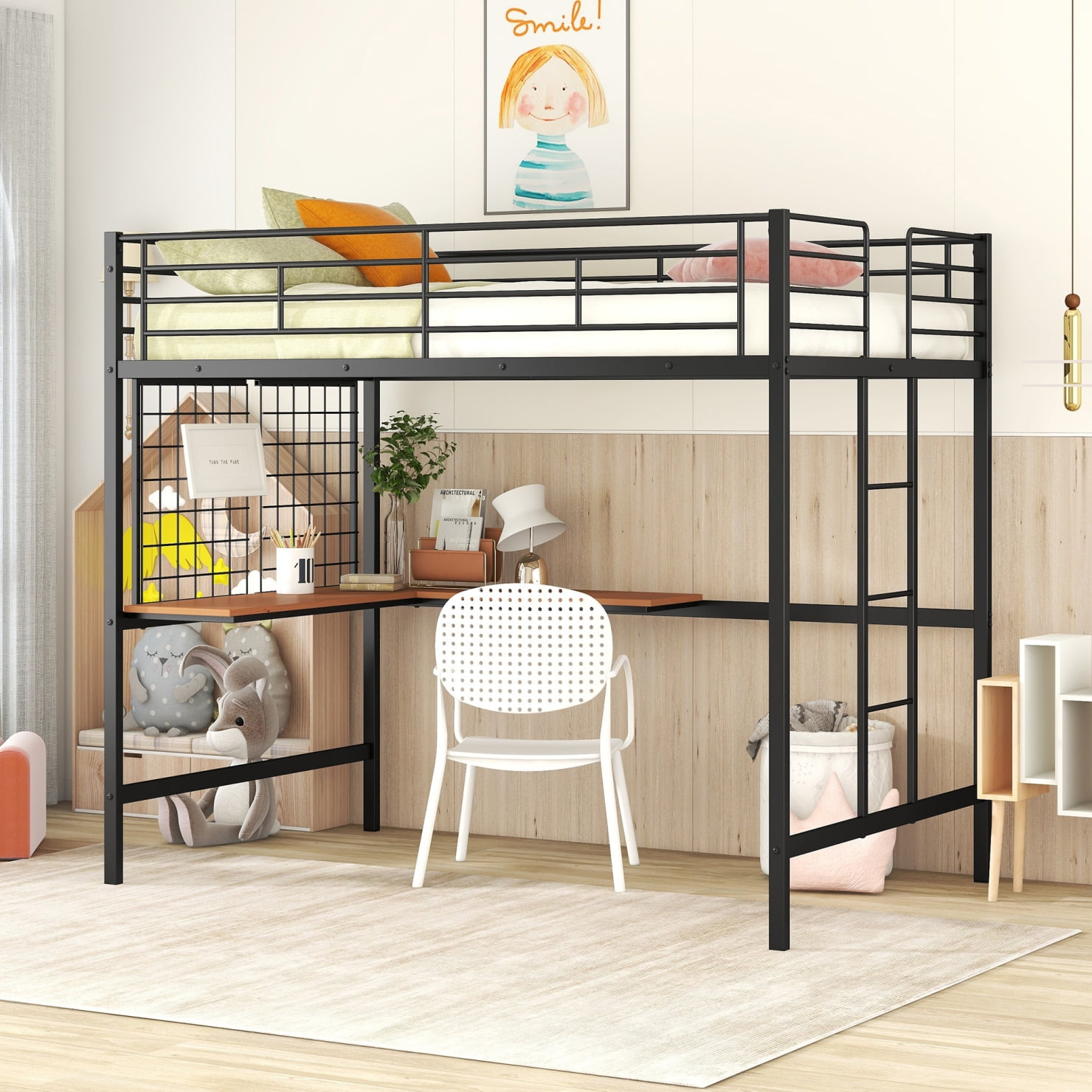 Full Size Loft Bed Frame With Desk & Metal Grid, Metal Loft Bed With ... pertaining to The Integrated Desk A Smart Solution for Small Spaces in Black Loft Beds