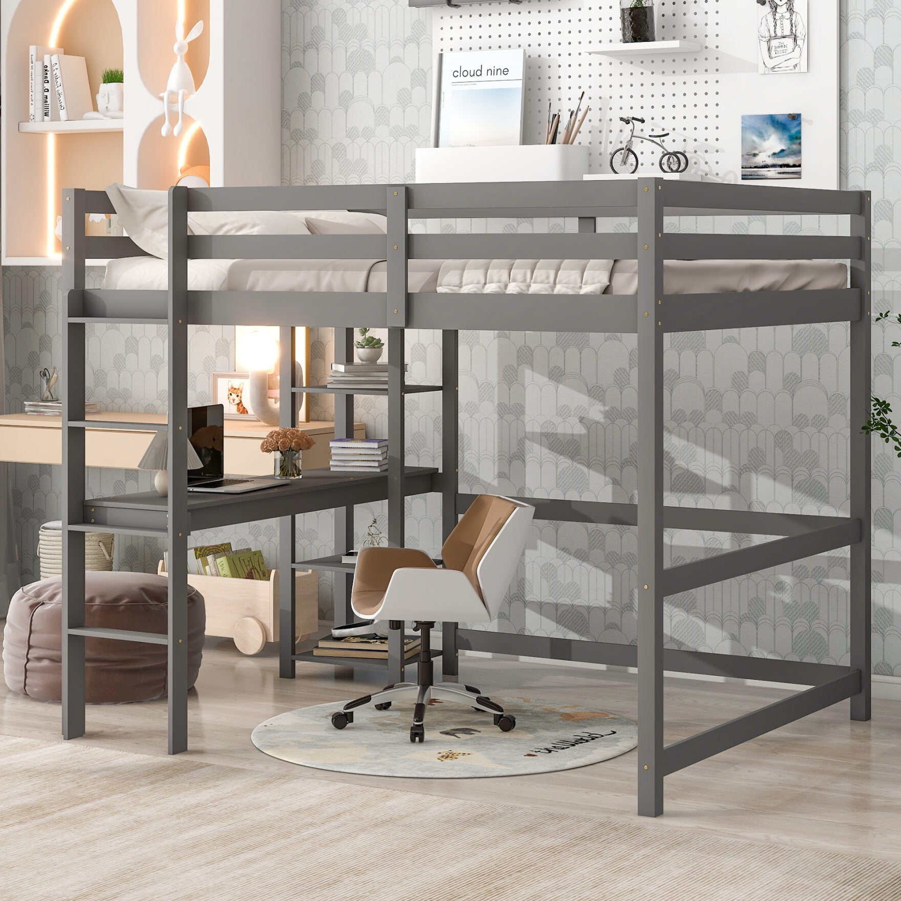 Full Size Loft Bed With Built-In Desk And Shelves, Wooden Loft Bed ... intended for The Integrated Desk A Smart Solution for Small Spaces in Black Loft Beds