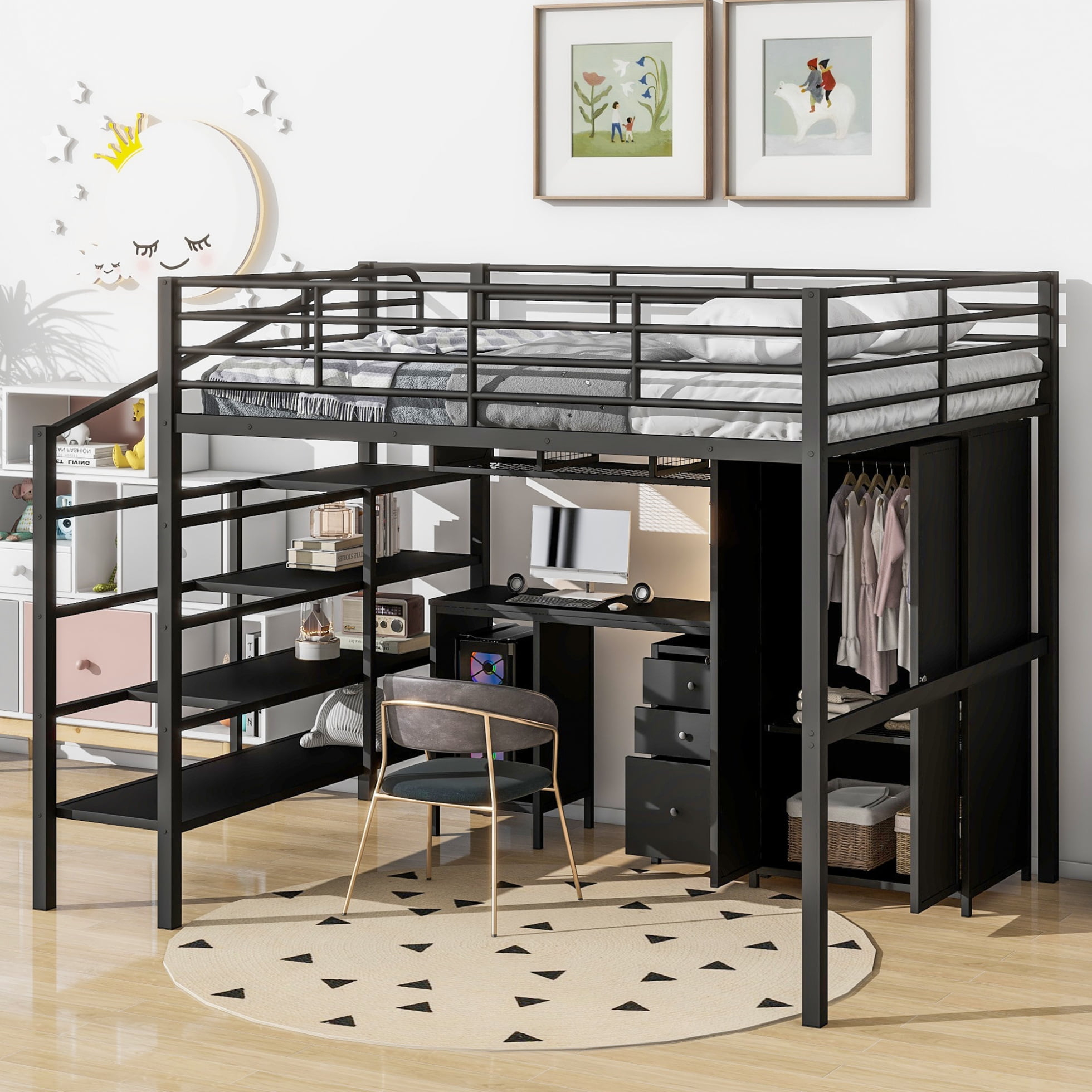 Full Size Loft Bed With Desk, Wardrobe And 3-Drawer Cabinet, Metal Loft ... in Sleek Full Size Metal Loft Bed With Built-In Desk, Safety Guardrails, Black