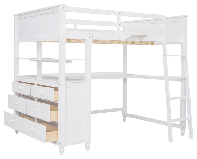 Gewnee Full Size Wood Loft Bed With Drawers And Desk In White - Transitional - Loft Beds - By ... pertaining to Gewnee Full Size Wood Loft Bed With Shelves And Desk In White