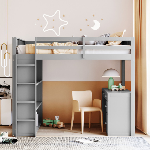 Gewnee Full Size Wood Loft Bed With Ladder,Shelves And Desk In Gray - Transitional - Loft Beds ... for Designing Your Sleep And Study Zone With The Gewnee Loft Bed White