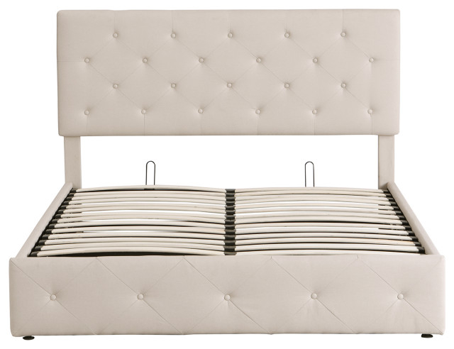 Gewnee Queen Size Upholstered Platform Bed In Beige - Transitional ... inside Gewnee Queen Size Upholstered Platform Bed
