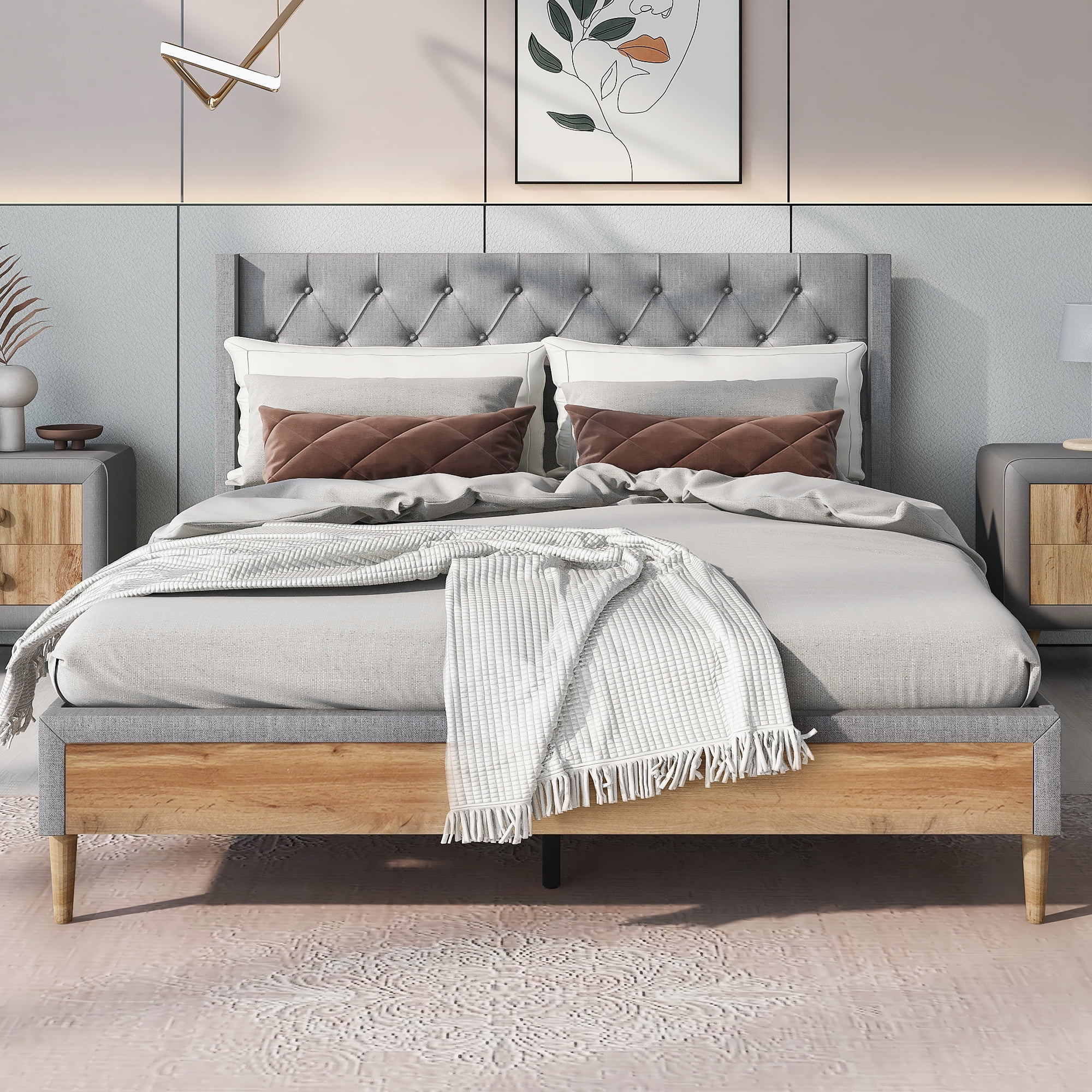 Gewnee Queen Size Upholstered Platform Bed With Wood Slat Support ... with regard to Gewnee Queen Size Upholstered Platform Bed