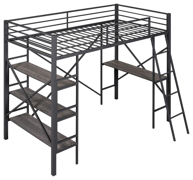 Gewnee Twin Size Metal Loft Bed With Shelves And Desk In Black ... for Gewnee Full Size Metal Loft Bed With Desk