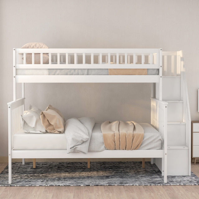 Gewnee Wood Twin Over Full Bunk Bed With Storage Stairway In White - Transitional - Bunk Beds ... with regard to Gewnee Wood Twin-Over-Twin Bunk Bed With Trundle And Stairway In White