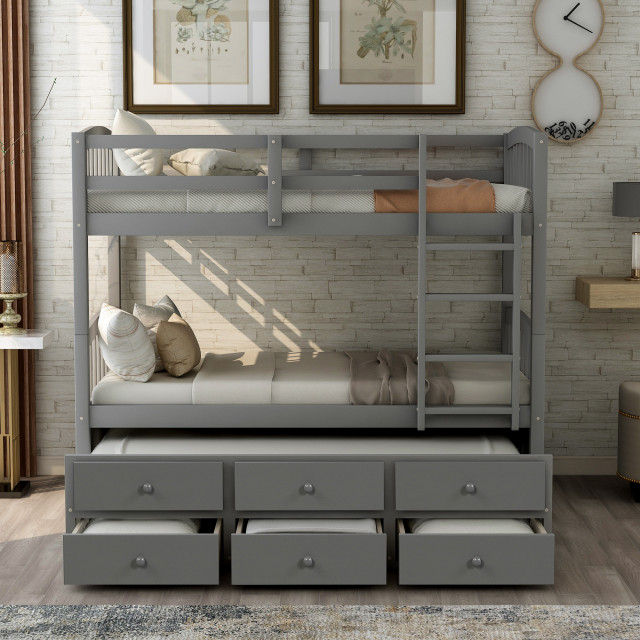 Gewnee Wood Twin Over Twin Bunk Bed With Trundle And Drawers In Gray - Transitional - Bunk Beds ... inside Gewnee Wood Twin-Over-Twin Bunk Bed With Trundle And Stairway In White