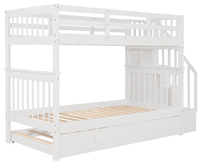 Gewnee Wood Twin-Over-Twin Bunk Bed With Trundle And Stairway In White - Transitional - Bunk ... regarding Gewnee Wood Twin-Over-Twin Bunk Bed With Trundle And Stairway In White