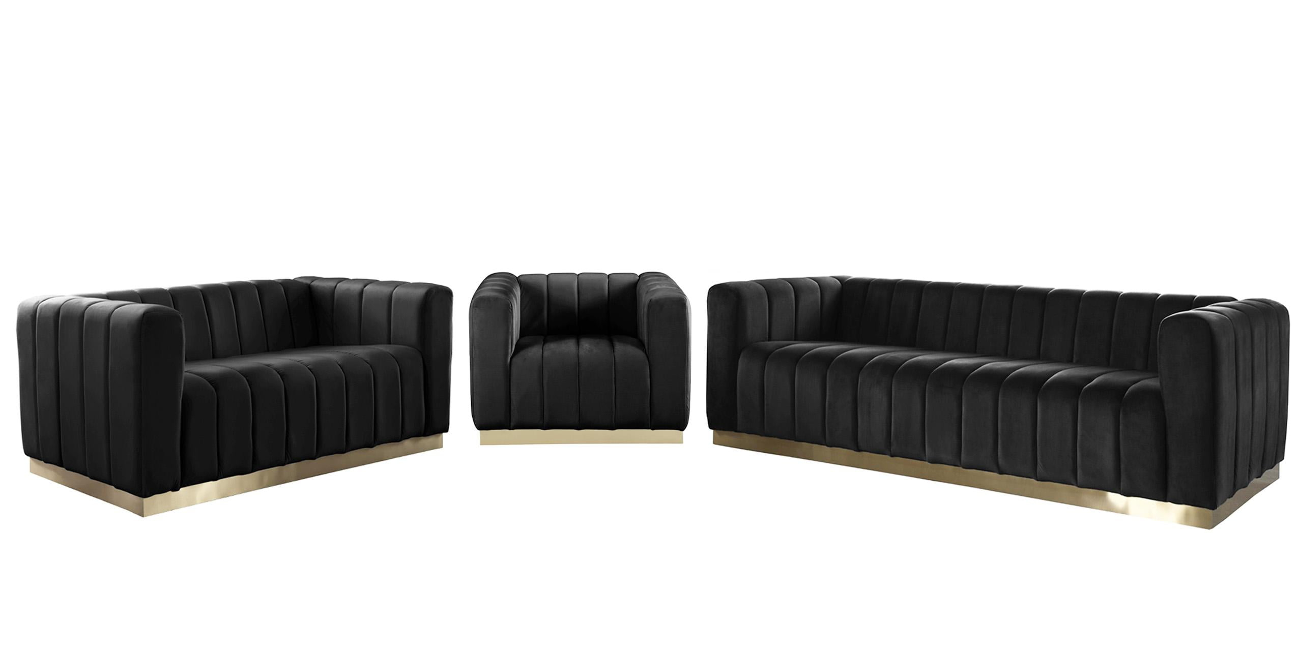 Glam Black Velvet Channel Tufted Sofa Set 3Pcs Marlon Meridian ... in Marlon Velvet Upholstered Sofa, Black
