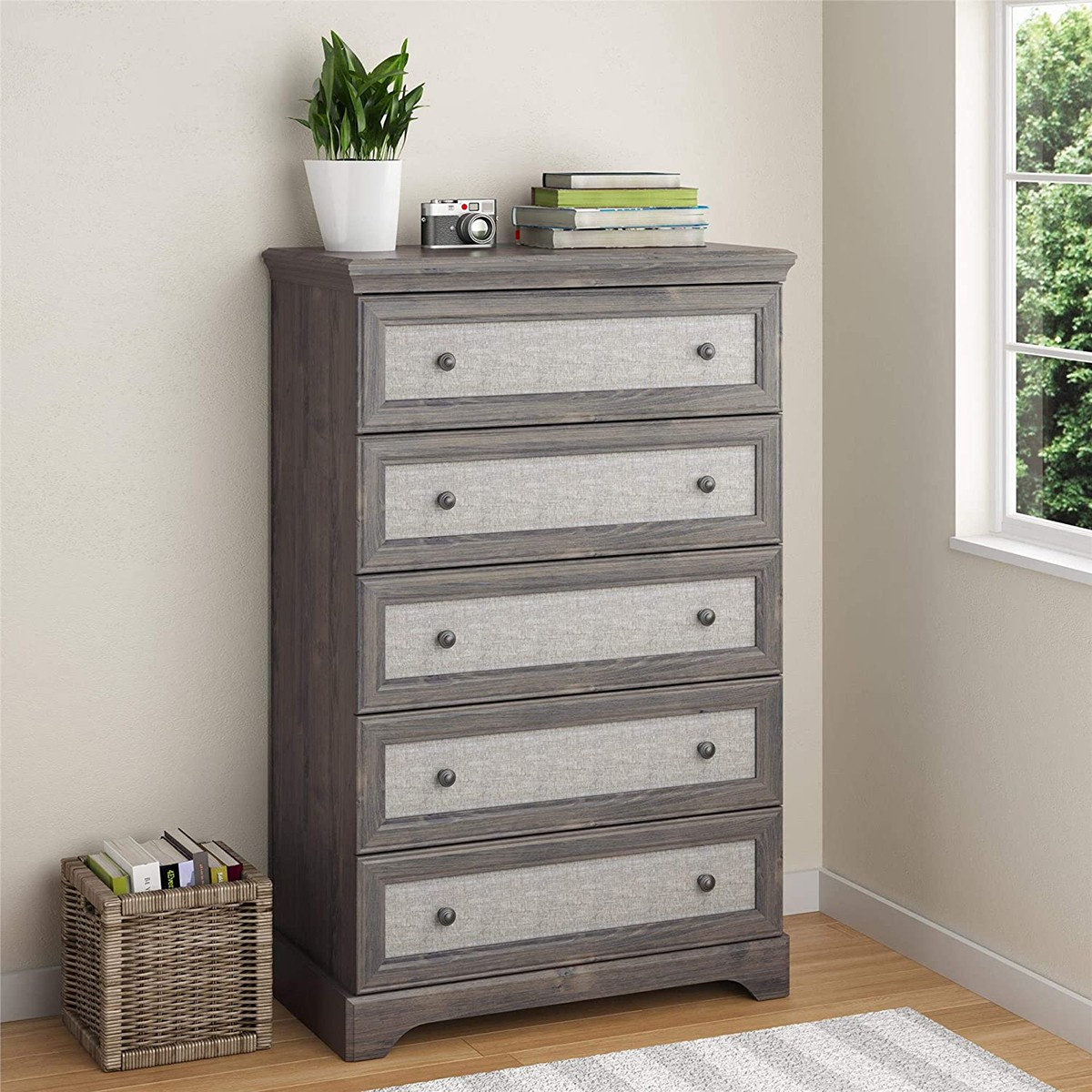 Grey Chest Of Drawers Tall 5 Drawer Dresser With Fabric Front ... for Tateus Vintage Grey 5 Drawer Chest Of Drawers For Living Room And Bedroom