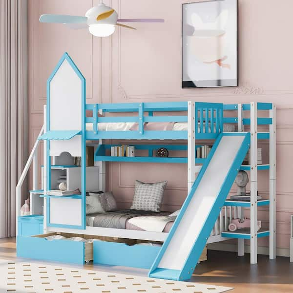 Harper & Bright Designs Blue Twin Over Twin Castle Style Wood Bunk Bed ... for Transforming Kids' Rooms with the Gewnee Wood Castle Bunk Bed
