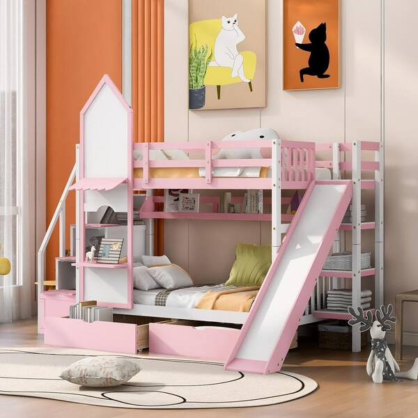 Harper & Bright Designs Pink Twin Over Twin Castle Style Wood Bunk Bed ... intended for Transforming Kids' Rooms with the Gewnee Wood Castle Bunk Bed