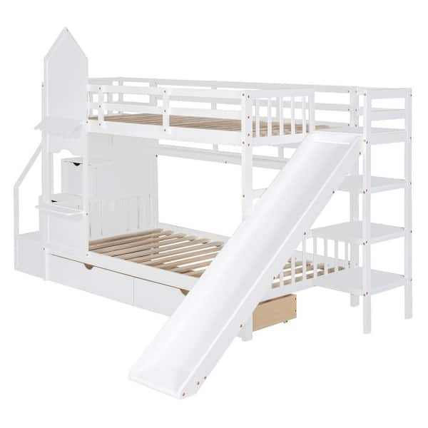 Harper & Bright Designs White Twin Over Twin Castle Style Wood Bunk Bed ... pertaining to Transforming Kids' Rooms with the Gewnee Wood Castle Bunk Bed