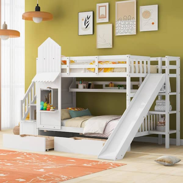 Harper & Bright Designs White Twin Over Twin Castle Style Wood Bunk Bed ... within Transforming Kids' Rooms with the Gewnee Wood Castle Bunk Bed