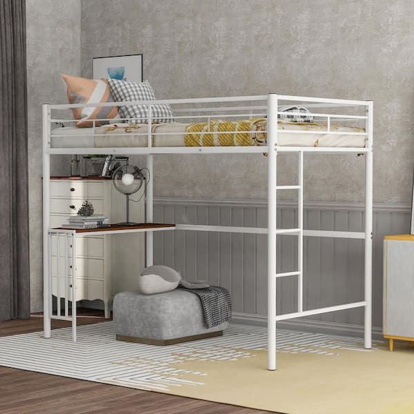 Harper & Bright Designs White Twin Size Metal Loft Bed With Built-In ... in Sleek Full Size Metal Loft Bed With Built-In Desk, Safety Guardrails, Black
