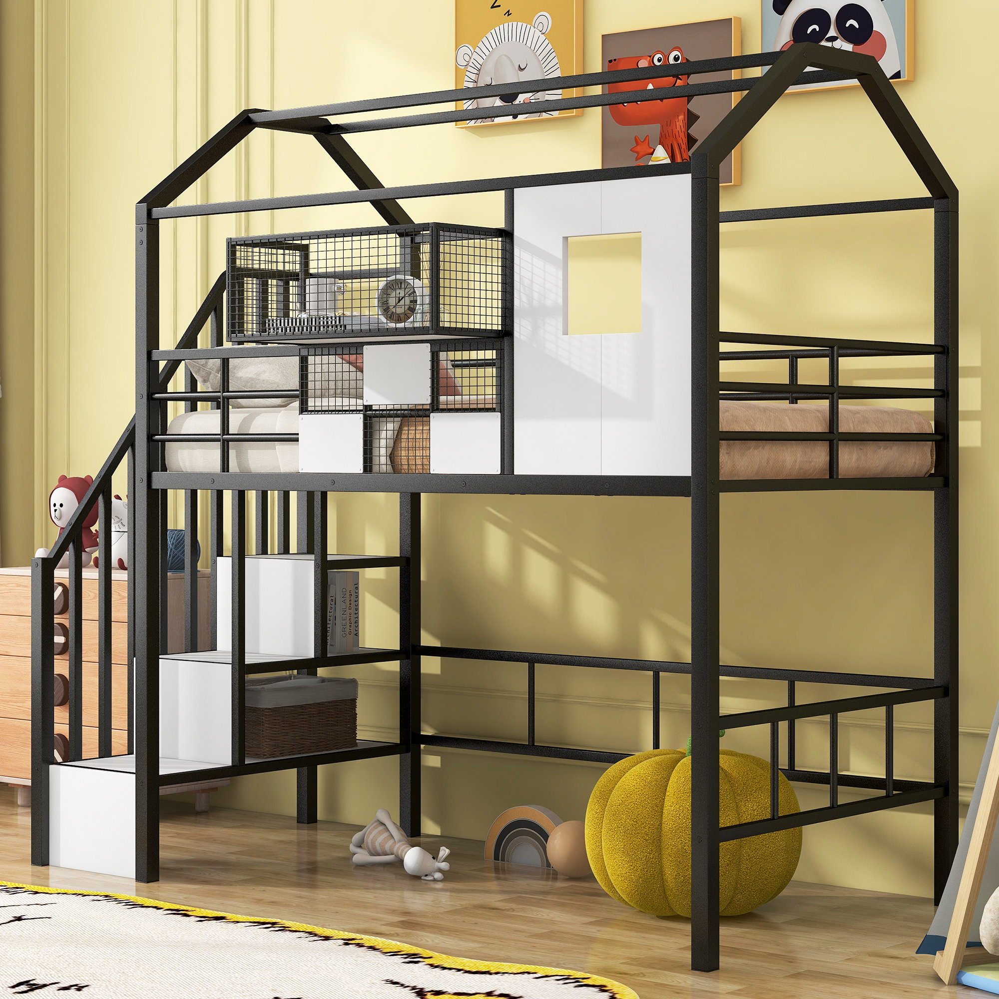 Harper Orchard Dunellen Kids Twin Metal Loft Bed With Roof Design And A ... intended for Gewnee Metal Loft Bed With Roof Design And A Storage Box, Twin, Pink