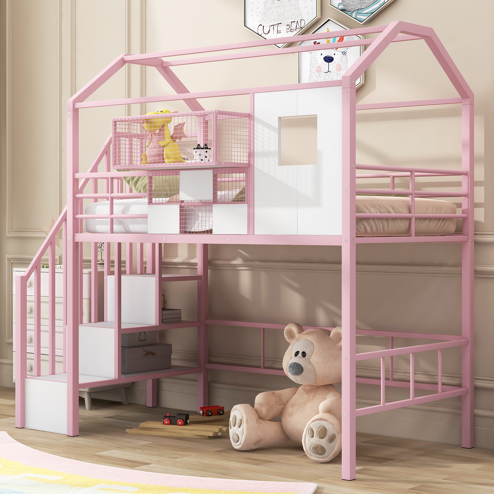 Harper Orchard Dunellen Kids Twin Metal Loft Bed With Roof Design And A ... with regard to Designing a Cozy Haven with the Pink Gewnee Metal Loft Bed