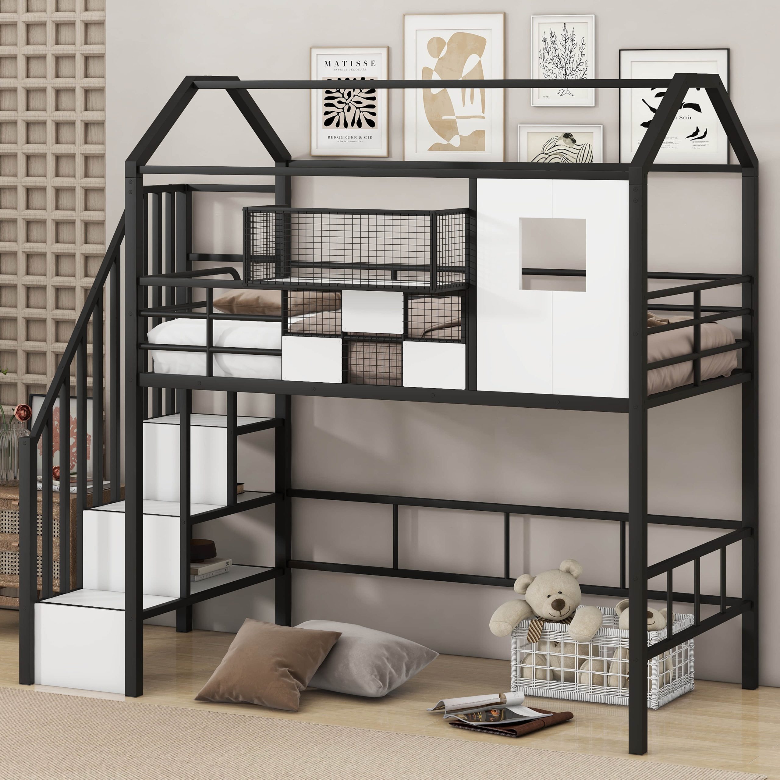 Harper Orchard Thorup Twin Metal Loft Bed With Roof Design And A ... throughout Gewnee Metal Loft Bed With Roof Design And A Storage Box, Twin, Pink