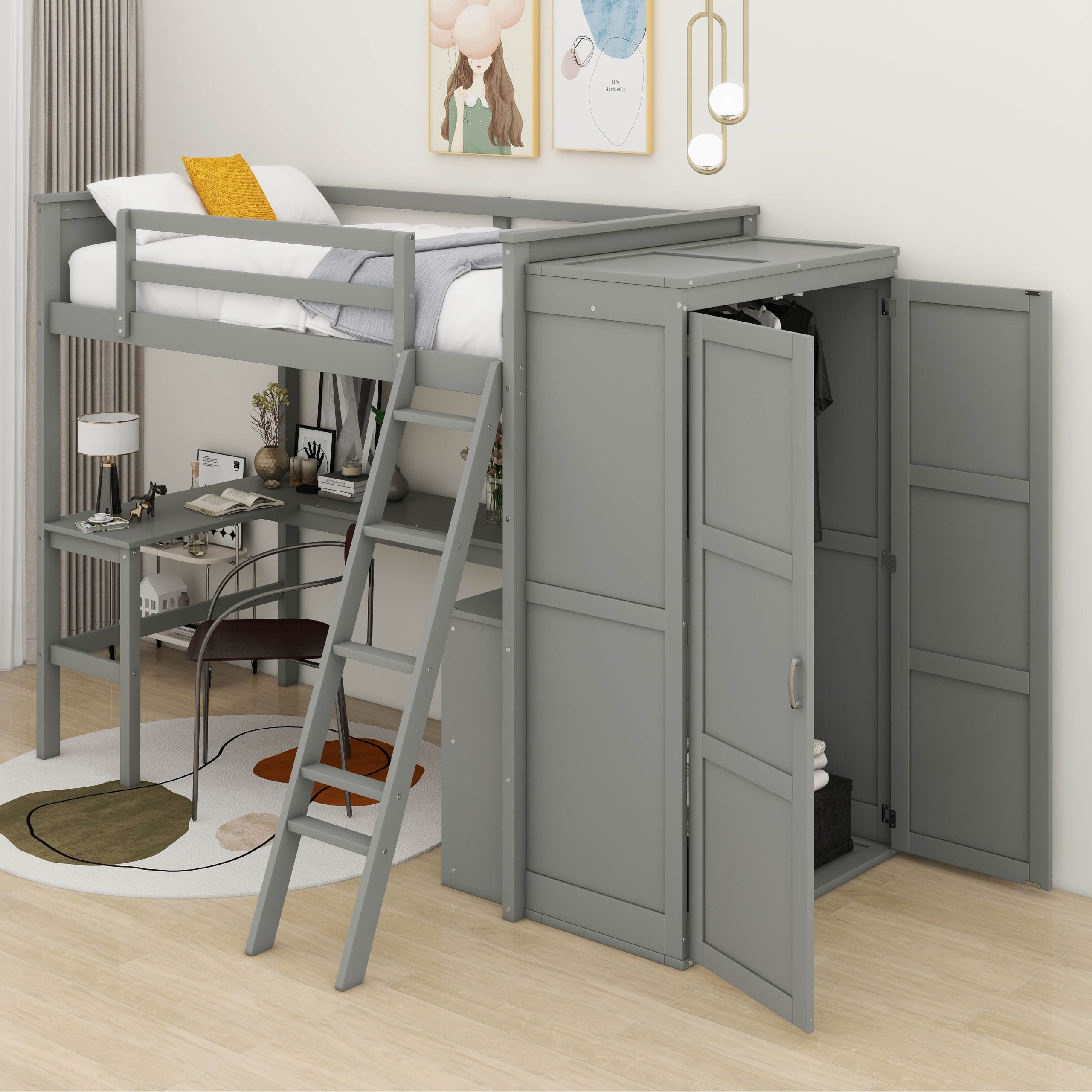 Harriet Bee Ilisha Twin Size Loft Bed With Desk, Shelves And Wardrobe ... with regard to Ragna Twin Loft Bed W/Desk & Wardrobe