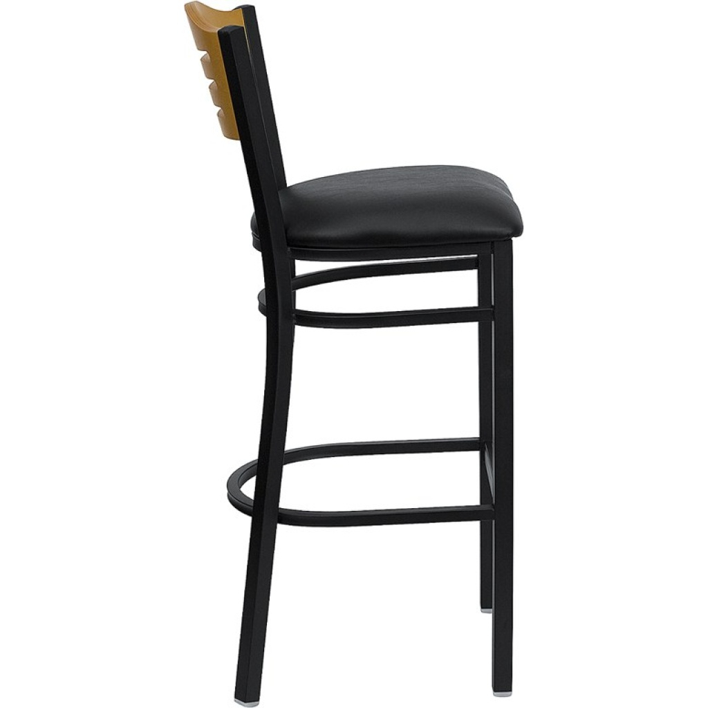 Hercules Series Black Slat Back Metal Restaurant Barstool - Natural ... in Craftsmanship and Comfort The Mahogany Wood Seat Barstool