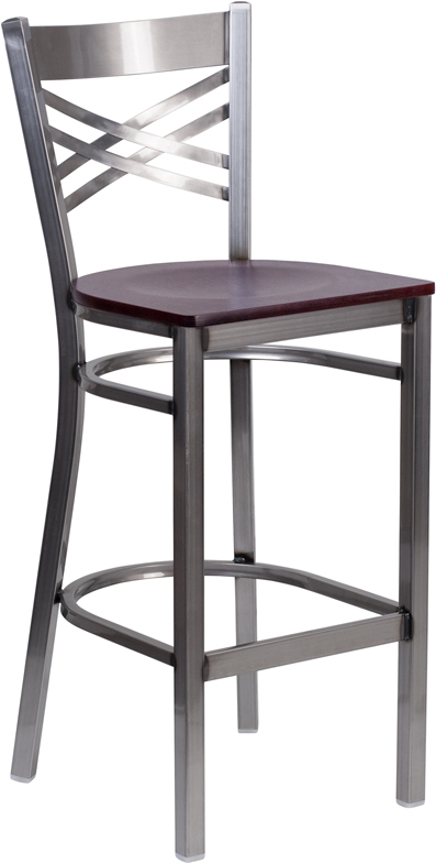 Hercules Series Clear Coated ''X'' Back Metal Restaurant Barstool ... with Mahogany Wood Seats Elevating Your Restaurant's Ambiance