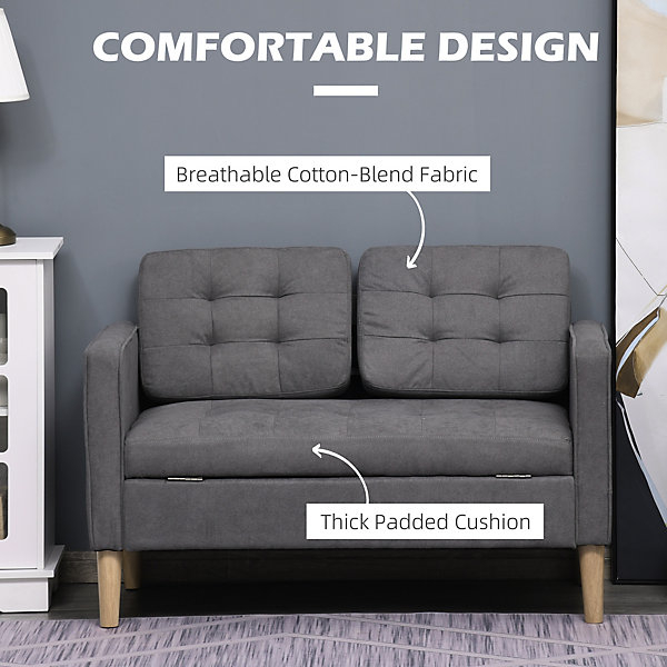 Homcom Compact 2 Seater Sofa With Hidden Storage And Rubber Wood Legs Grey throughout Compact Two-Seater Sofa For Studio Apartment