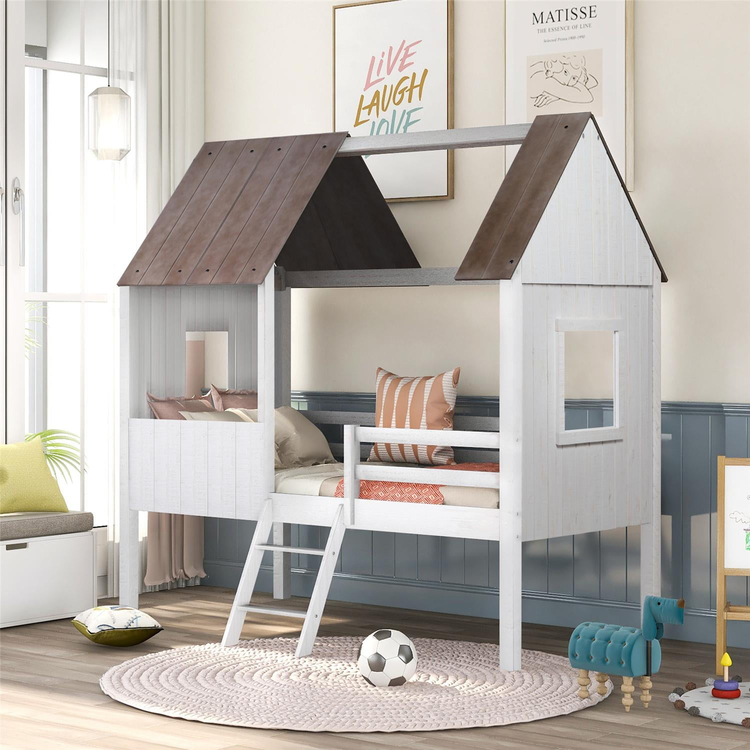 House Bed For Kids, Twin Size Low Loft Wood House Bed With Two Side ... with regard to Kids House Bunk Bed With Ladder, Guardrails & Pine Wood Construction, White