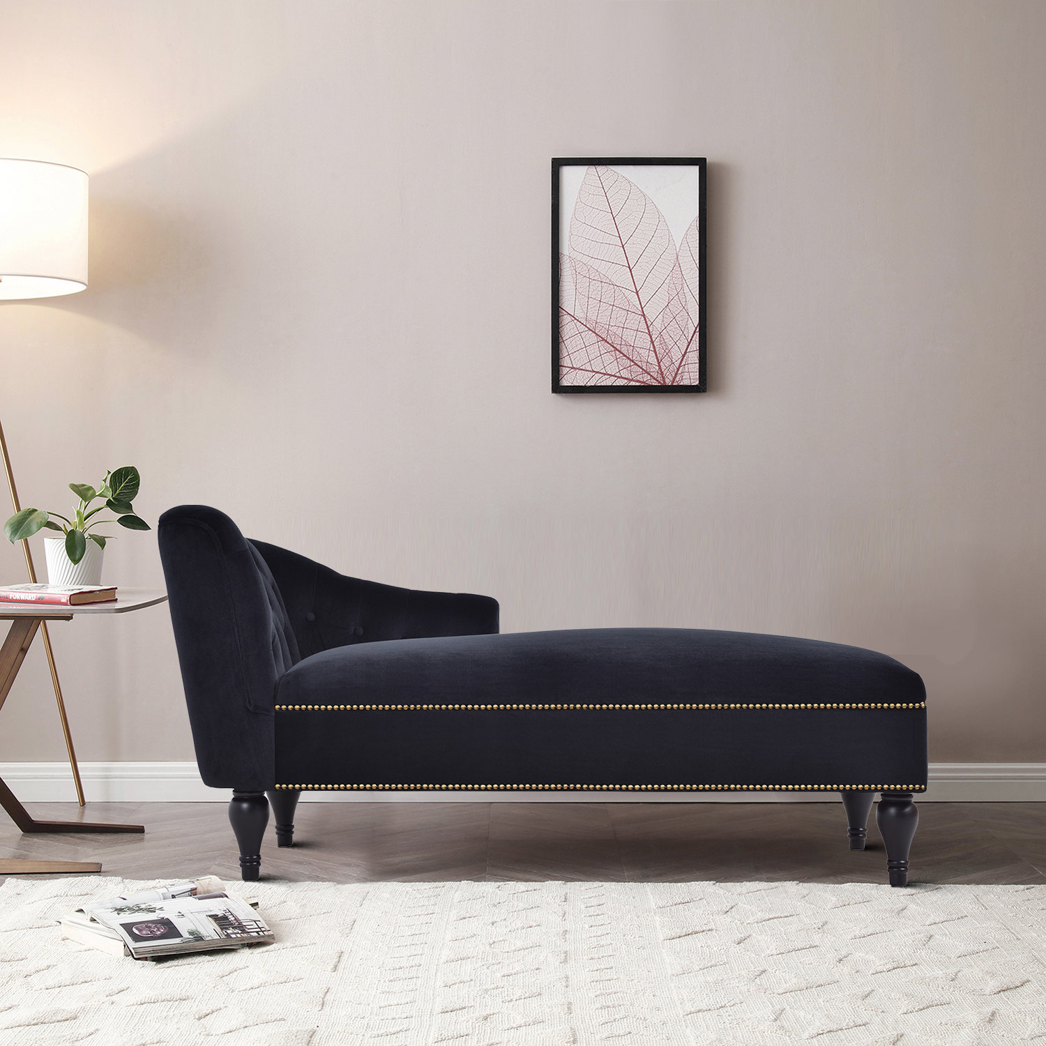 House Of Hampton® Fenja Velvet Upholstered Chaise Lounge With Button ... in Shelly Velvet Upholstered Chaise, Black