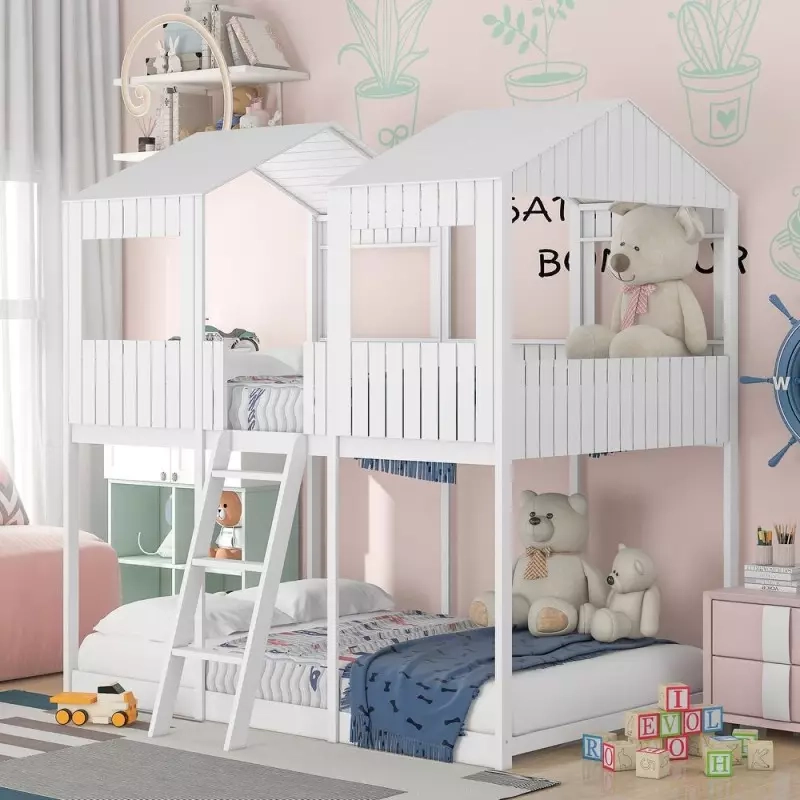 House-Shaped Full Over Full Pine Wood Low Bunk Bed With Inclined Ladder ... pertaining to The ABCs of Bunk Beds Understanding White Pine for Your Child's Room
