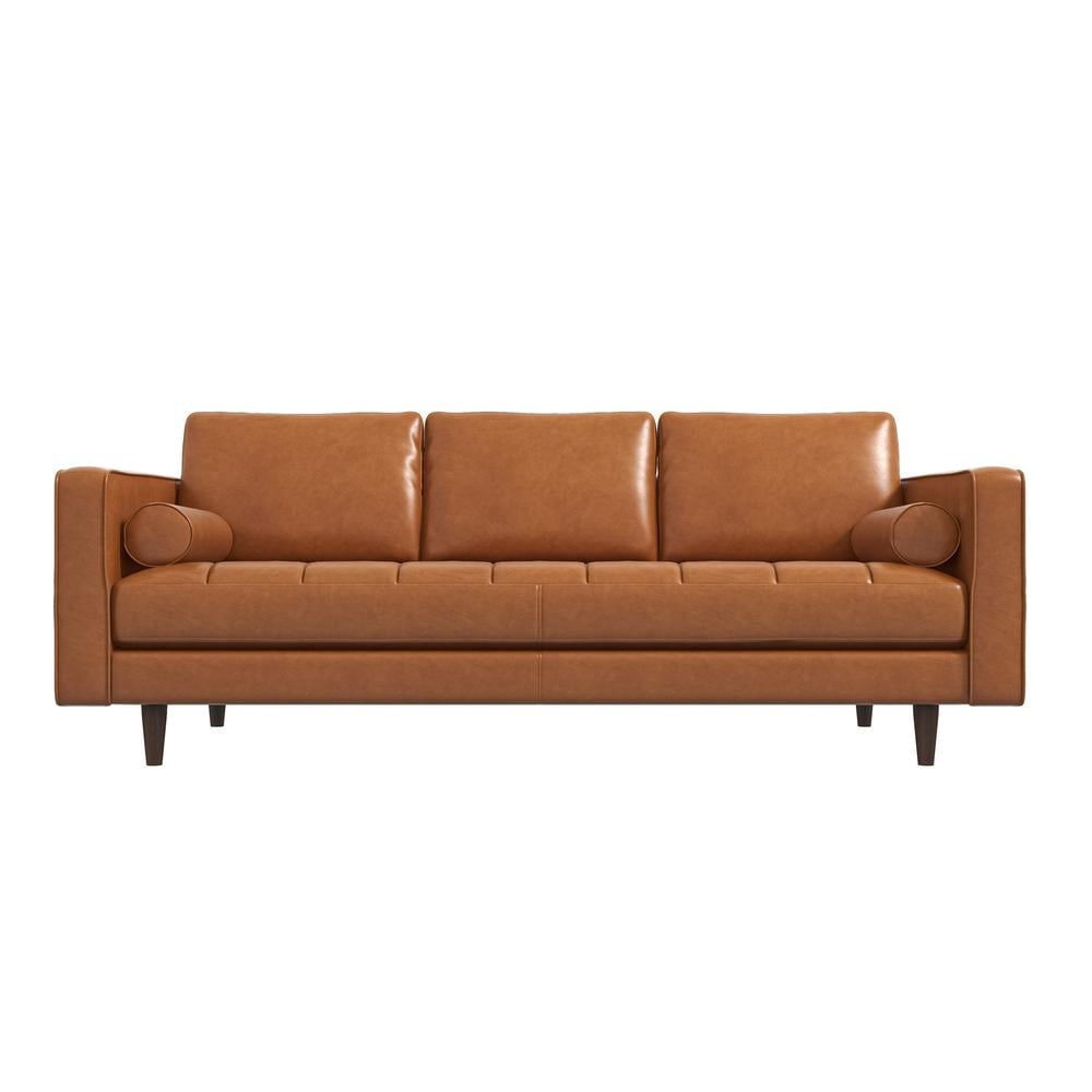 Jax 87" Mid Century Genuine Leather Sofa Couch, Modern 3 Seater Sofa ... pertaining to 3- Seater Bolster Sofa - Black Wood Base - Tan/Black