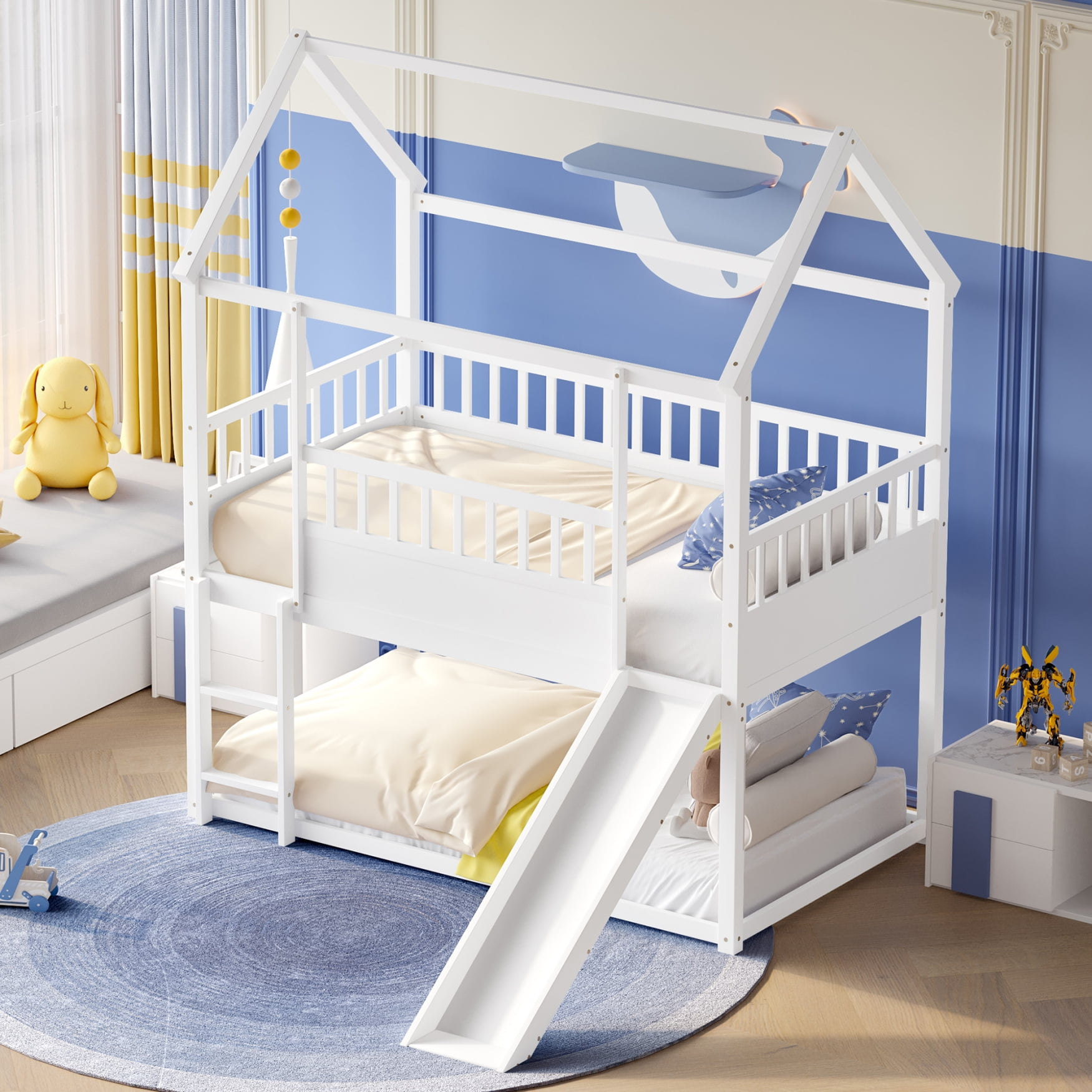 Kids House Bunk Bed With Convertible Slide And Ladder, Twin Over Twin ... throughout The ABCs of Bunk Beds Understanding White Pine for Your Child's Room