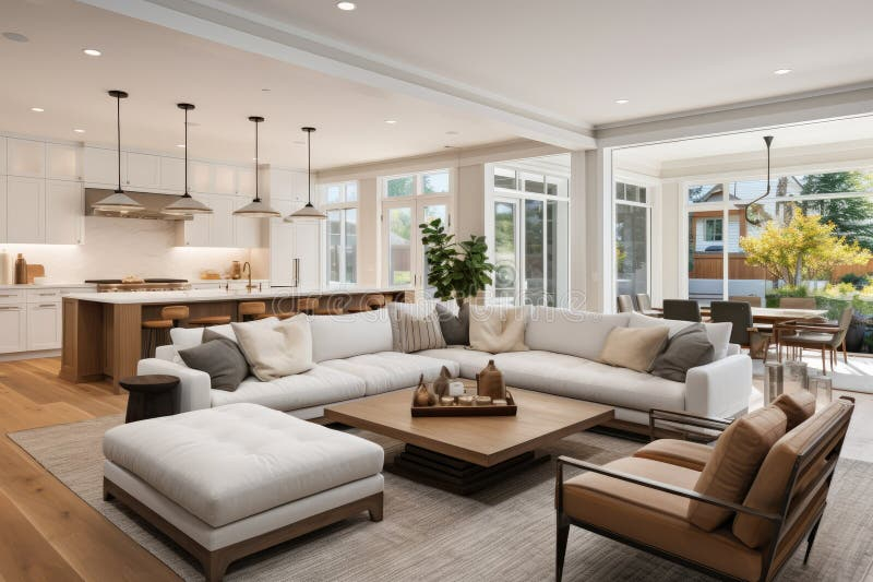Large Open Concept Living Room With Couches, Dining And Kitchen Stock ... throughout Sofa For Open-Plan Living And Dining Area