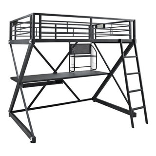 Linon Z-Bedroom Full Size Bunk Bed/Study Loft In Black Heavy Gauge ... intended for Linon Heavy Metal Full Over Full Bunk Bed Attached Ladder In Black
