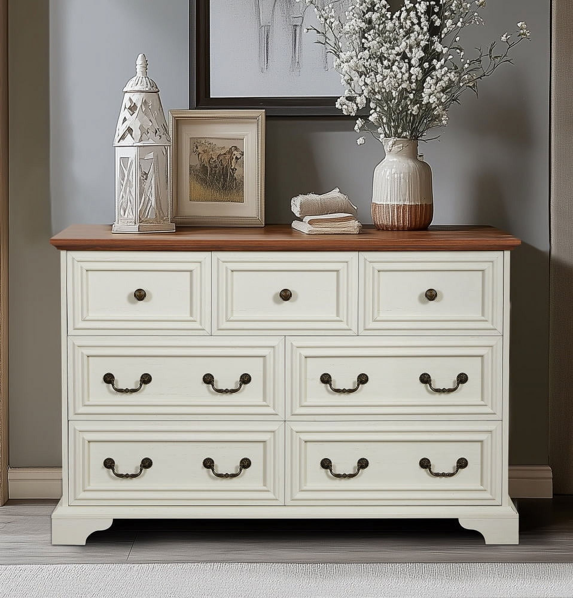 Lisonu Farmhouse 7-Drawer Dresser, Antique White With Brown Top ... inside Pali Design Ragusa 5-Drawer Dresser, Vintage White
