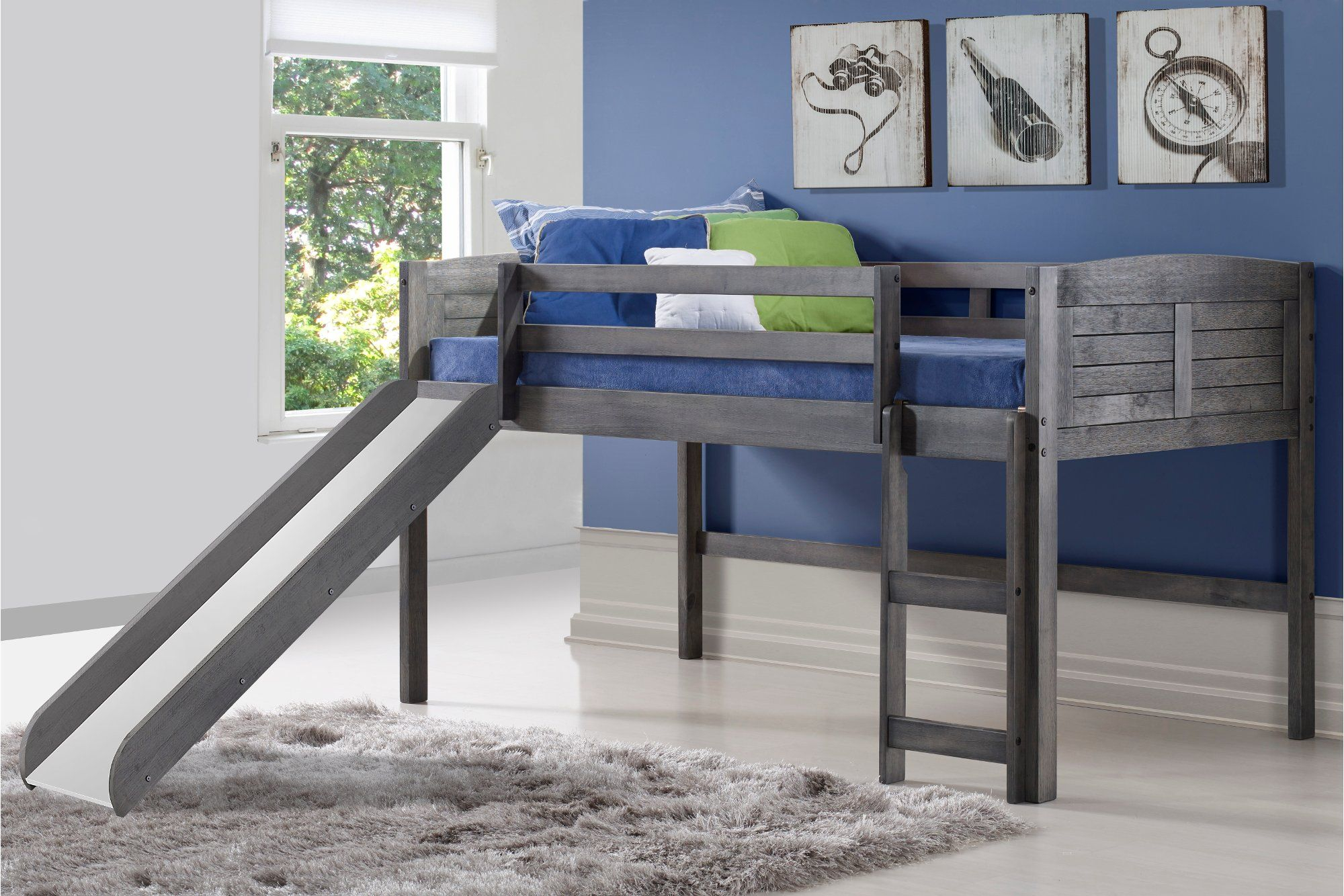 Louver Antique Grey Twin Loft Bed With Slide | Rc Willey In 2022 | Low ... with regard to Why a Low Loft Bed with a Slide is the Ultimate Kids' Room Upgrade