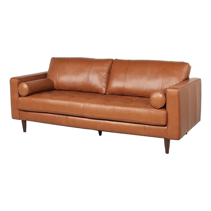 Maklaine 19.5" Mid-Century Leather Fitted Back Sofa In Brown - Walmart.com for Rex Mid-Century Leather Sofa In Cobblestone Brown