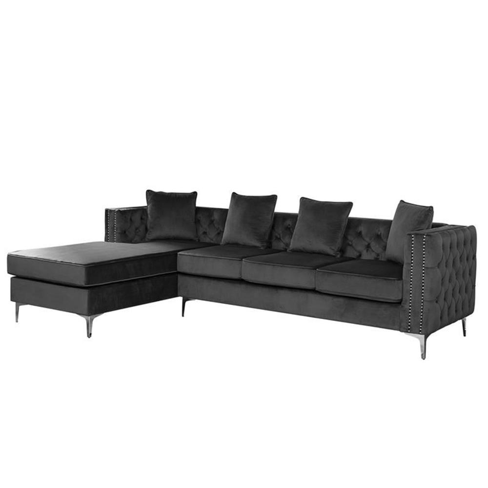 Maklaine Velvet Reversible Sectional Sofa Chaise With Nail-Head Trim In ... in Styling Your Space with the Ryan Dark Gray Velvet Double Chaise Sectional Sofa From Concept to Reality