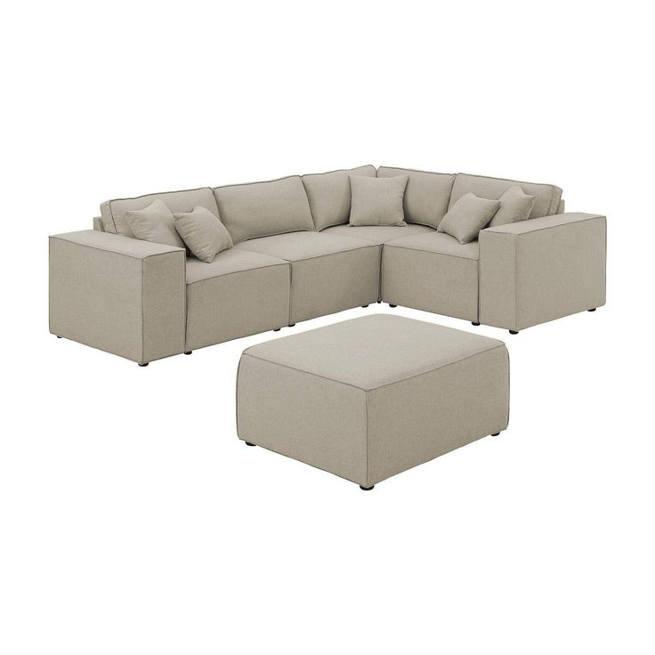 Melrose Modular Sectional Sofa With Ottoman In Beige Linen | Fabric Sectional Sofas, Sectional ... for Lilola Home Melrose Modular Sectional Sofa With Ottoman, Beige Linen