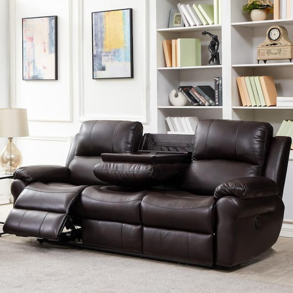 Merax 83 In. W Round Arm Faux Leather Rectangle Power Reclining Sofa In ... pertaining to Reclining Leather Sofa With Cup Holders