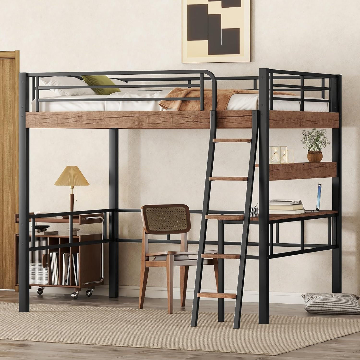 Metal Full Size Loft Bed With Built-In Desk,Storage Nepal | Ubuy for Sleek Full Size Metal Loft Bed With Built-In Desk, Safety Guardrails, Black